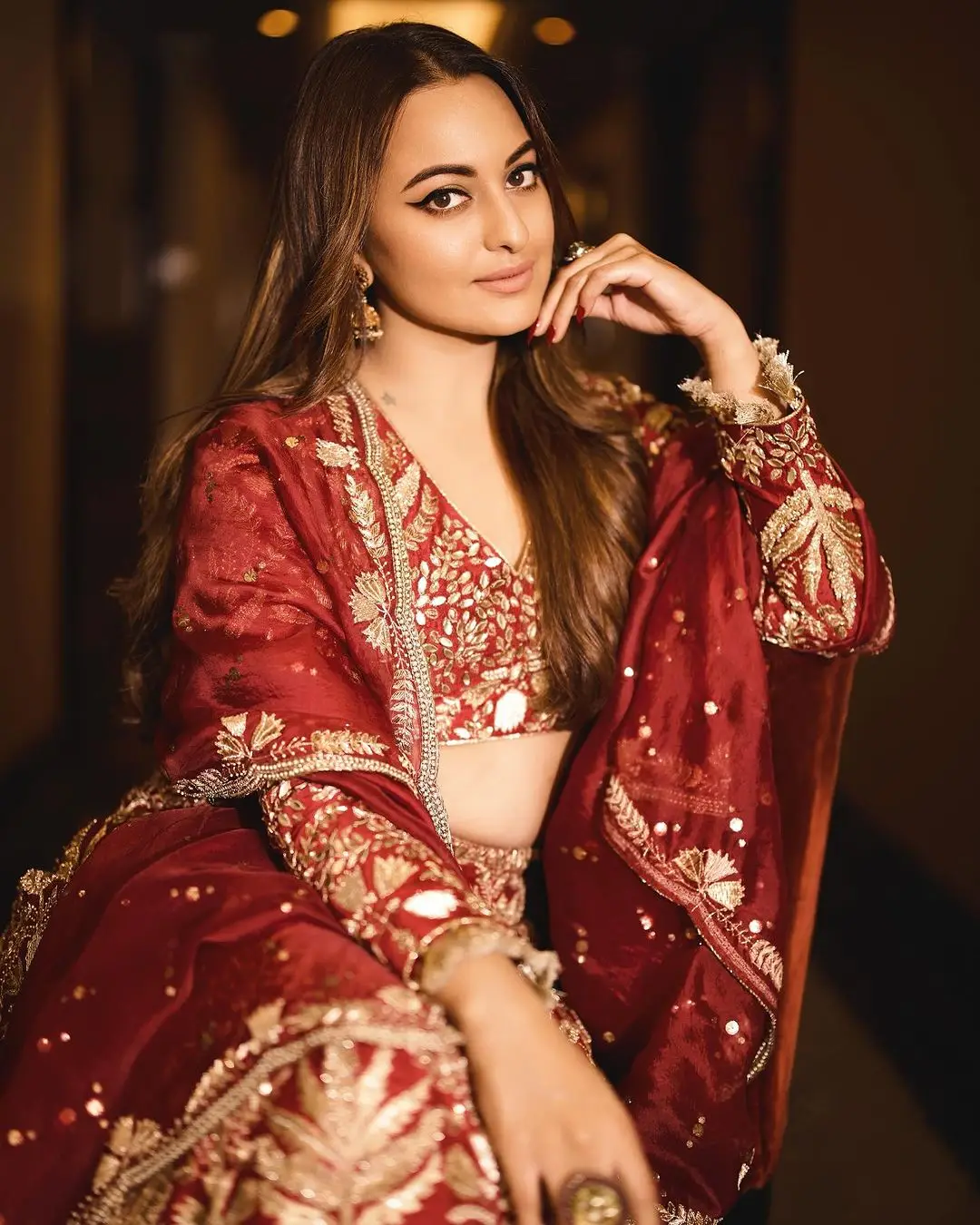 Sonakshi Sinha Wearing Beautiful Earrings Jewellery Maroon Gown